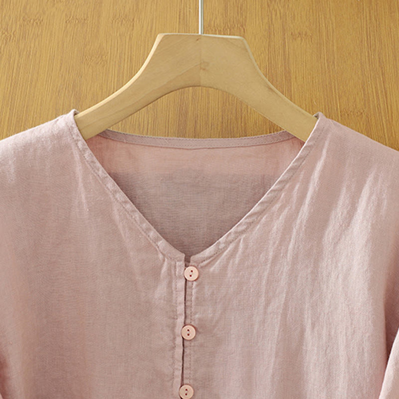 Solid Buttons V-Neck Half Sleeve Women's Shirt