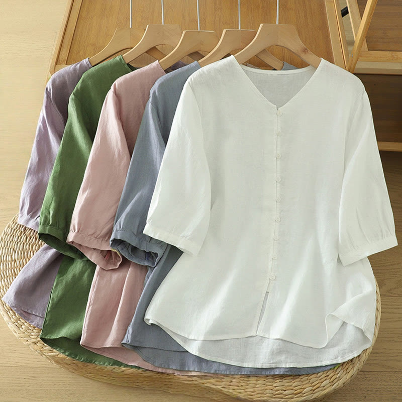 Solid Buttons V-Neck Half Sleeve Women's Shirt