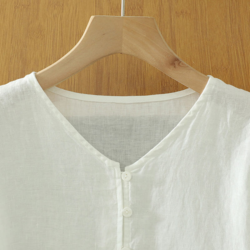 Solid Buttons V-Neck Half Sleeve Women's Shirt