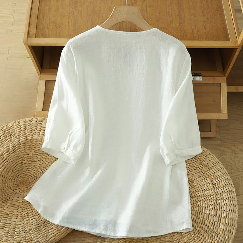 Solid Buttons V-Neck Half Sleeve Women's Shirt