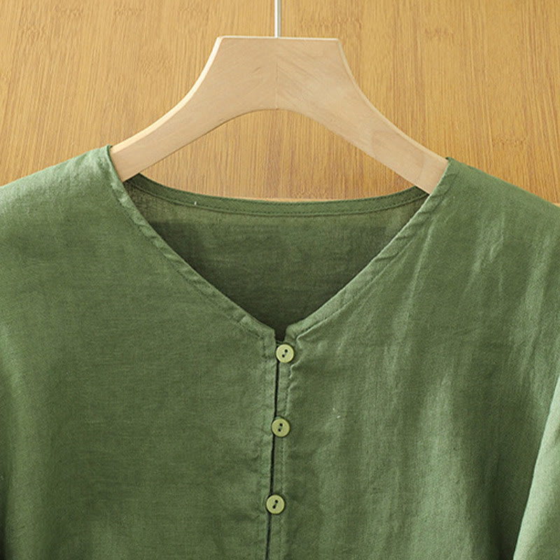Solid Buttons V-Neck Half Sleeve Women's Shirt