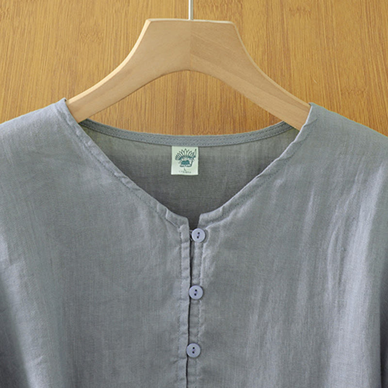 Solid Buttons V-Neck Half Sleeve Women's Shirt