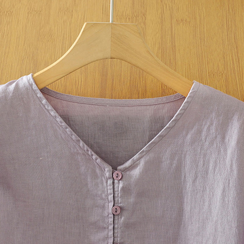 Solid Buttons V-Neck Half Sleeve Women's Shirt