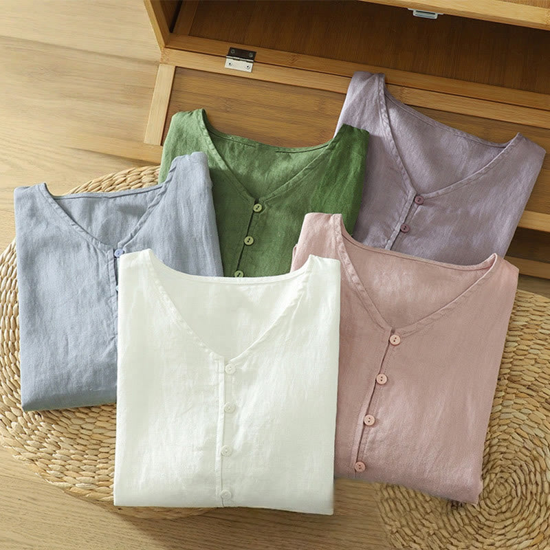 Solid Buttons V-Neck Half Sleeve Women's Shirt