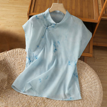 Lightweight Cotton-Blend Sleeveless Stand-Collar Meditation Shirt