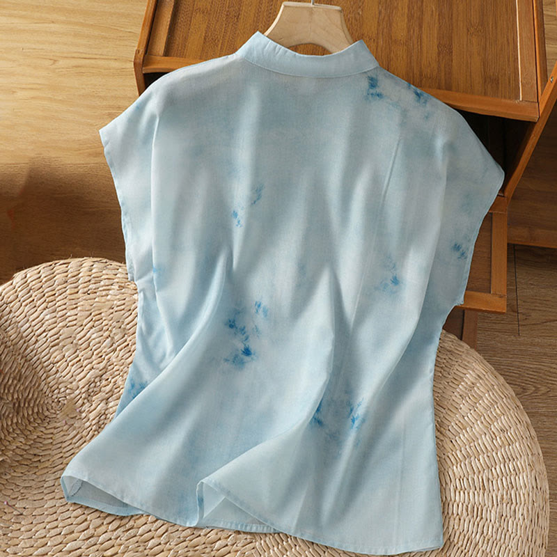 Lightweight Cotton-Blend Sleeveless Stand-Collar Meditation Shirt