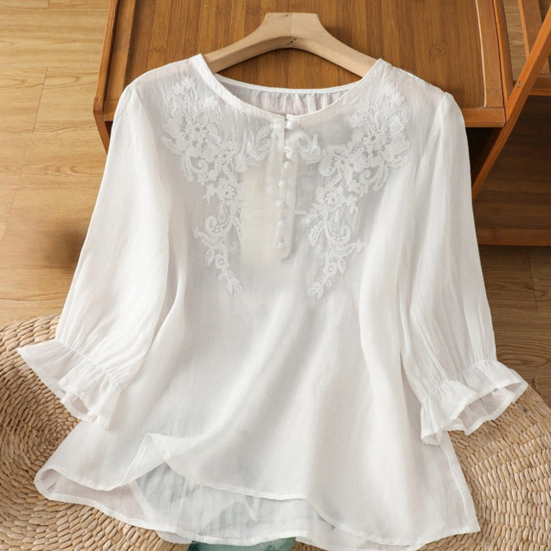 Flower Vines Embroidery Button Crew Neck Three Quarter Sleeve Women's Cotton Shirt