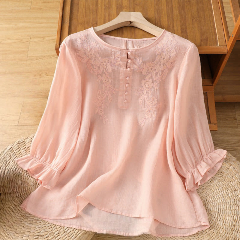 Flower Vines Embroidery Button Crew Neck Three Quarter Sleeve Women's Cotton Shirt