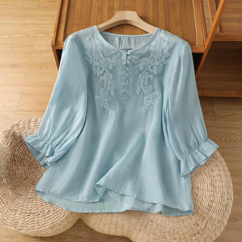 Flower Vines Embroidery Button Crew Neck Three Quarter Sleeve Women's Cotton Shirt