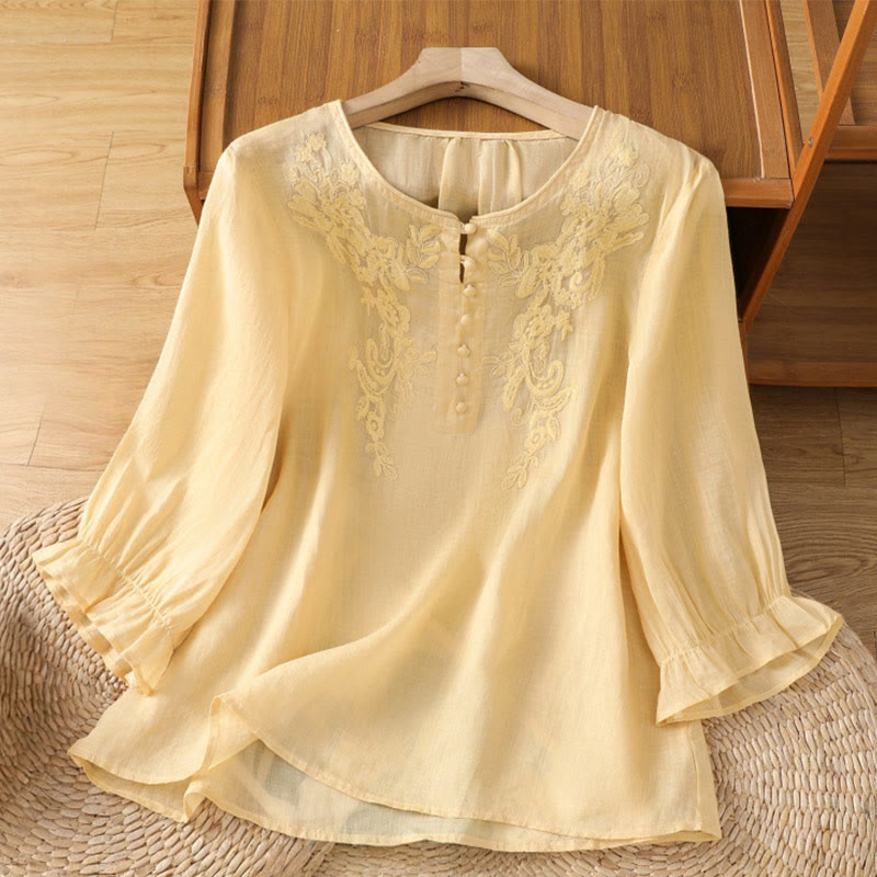 Flower Vines Embroidery Button Crew Neck Three Quarter Sleeve Women's Cotton Shirt