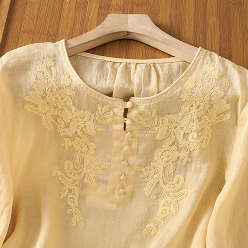 Flower Vines Embroidery Button Crew Neck Three Quarter Sleeve Women's Cotton Shirt