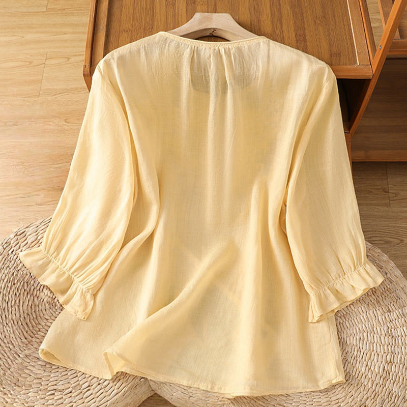 Flower Vines Embroidery Button Crew Neck Three Quarter Sleeve Women's Cotton Shirt