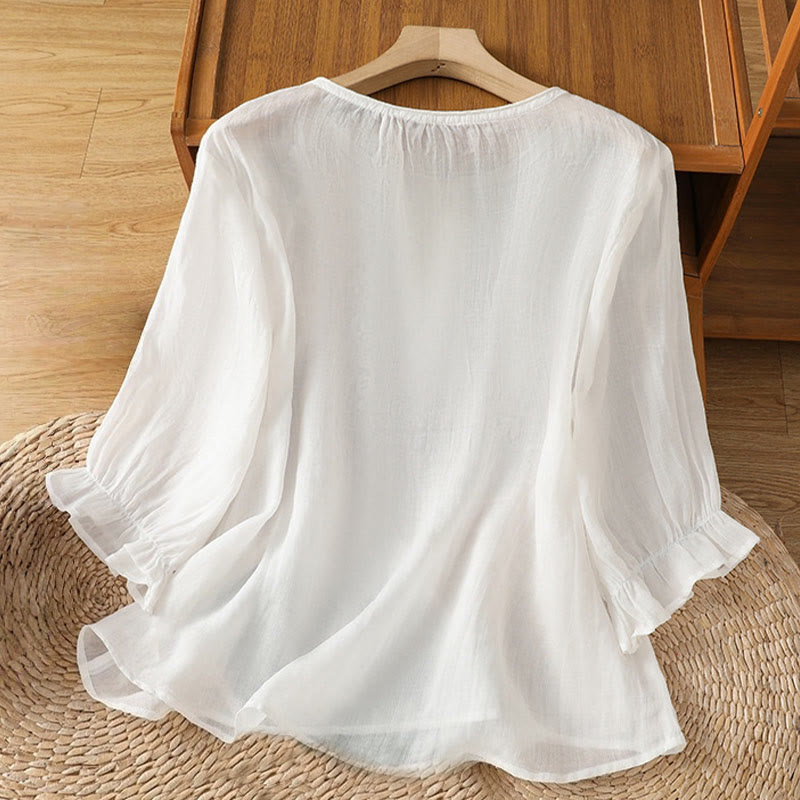 Flower Vines Embroidery Button Crew Neck Three Quarter Sleeve Women's Cotton Shirt