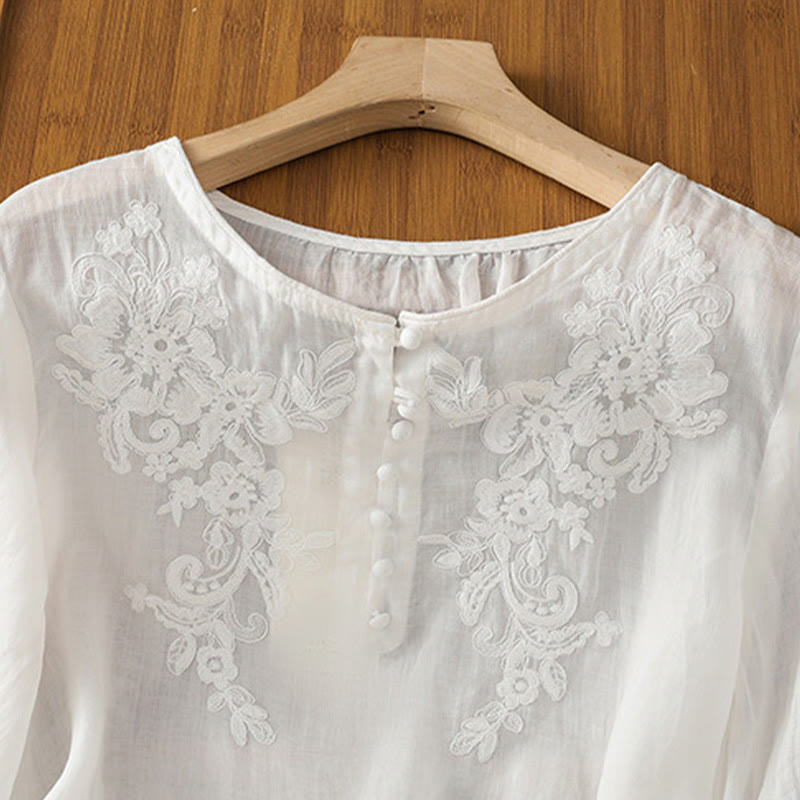 Flower Vines Embroidery Button Crew Neck Three Quarter Sleeve Women's Cotton Shirt