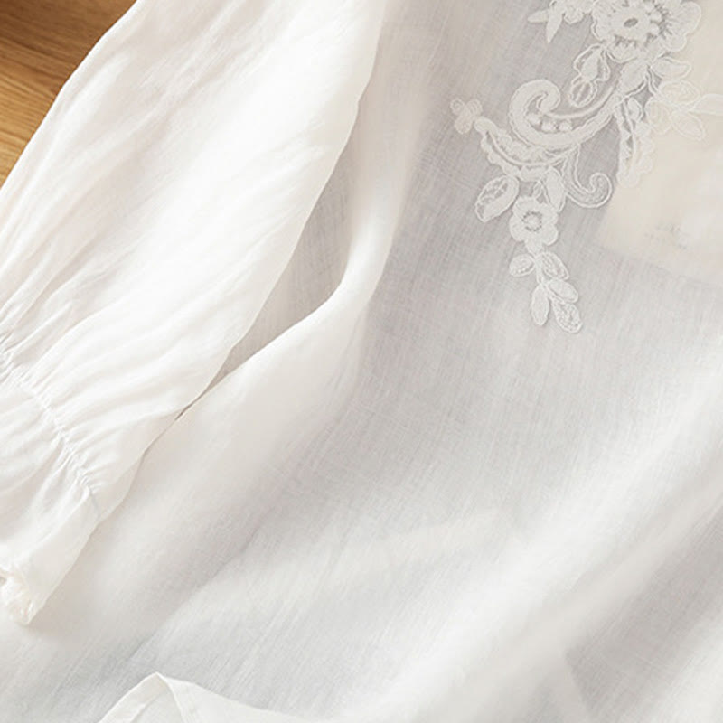 Flower Vines Embroidery Button Crew Neck Three Quarter Sleeve Women's Cotton Shirt