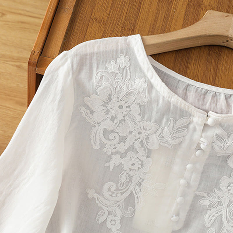 Flower Vines Embroidery Button Crew Neck Three Quarter Sleeve Women's Cotton Shirt