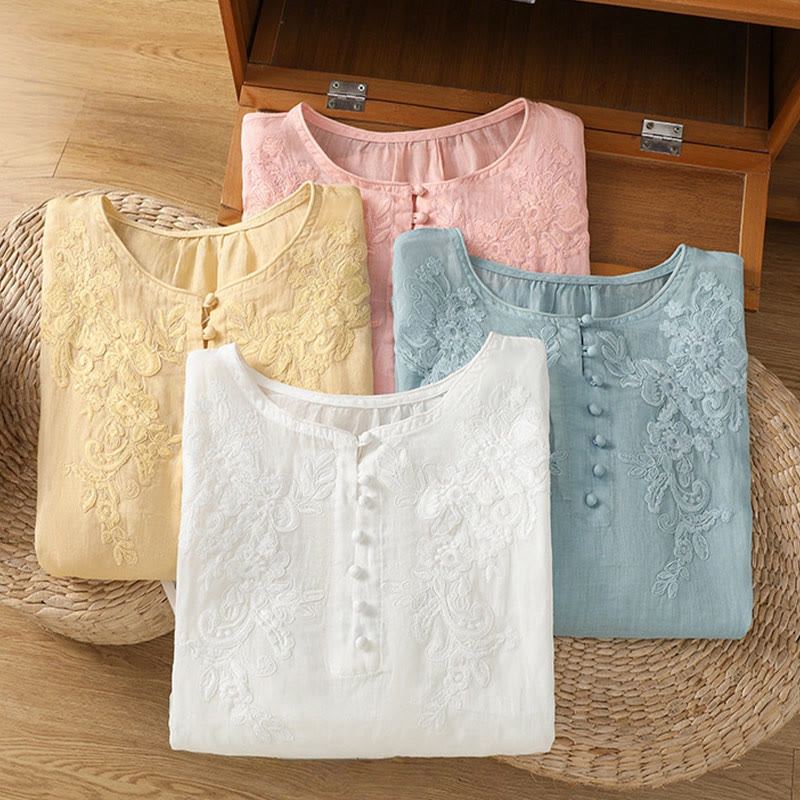 Flower Vines Embroidery Button Crew Neck Three Quarter Sleeve Women's Cotton Shirt