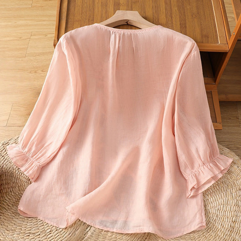 Flower Vines Embroidery Button Crew Neck Three Quarter Sleeve Women's Cotton Shirt