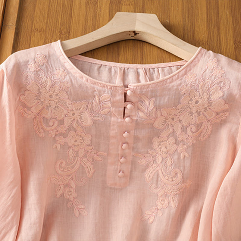 Flower Vines Embroidery Button Crew Neck Three Quarter Sleeve Women's Cotton Shirt