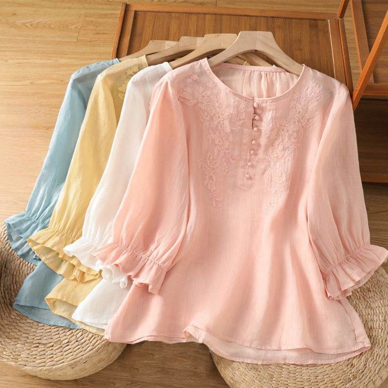 Flower Vines Embroidery Button Crew Neck Three Quarter Sleeve Women's Cotton Shirt