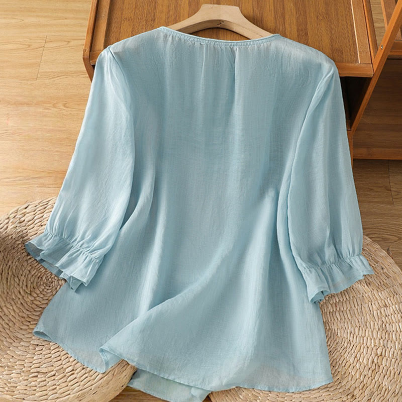 Flower Vines Embroidery Button Crew Neck Three Quarter Sleeve Women's Cotton Shirt