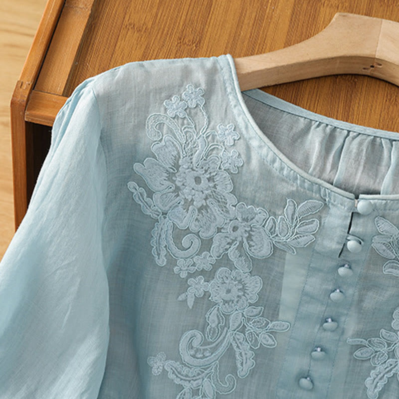 Flower Vines Embroidery Button Crew Neck Three Quarter Sleeve Women's Cotton Shirt
