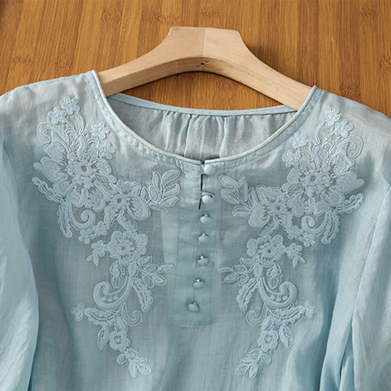 Flower Vines Embroidery Button Crew Neck Three Quarter Sleeve Women's Cotton Shirt