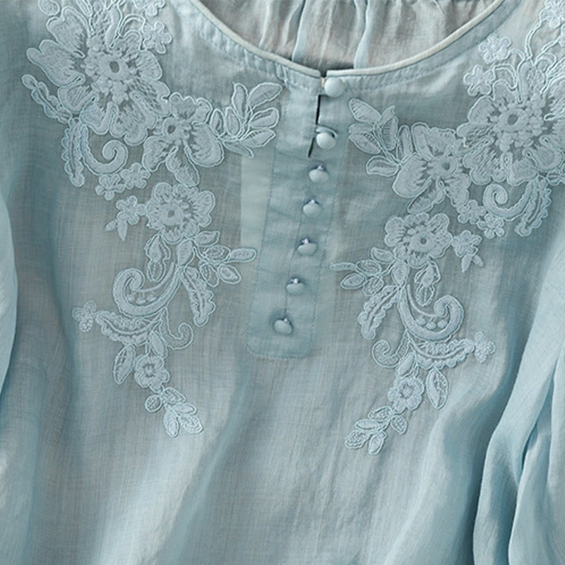 Flower Vines Embroidery Button Crew Neck Three Quarter Sleeve Women's Cotton Shirt