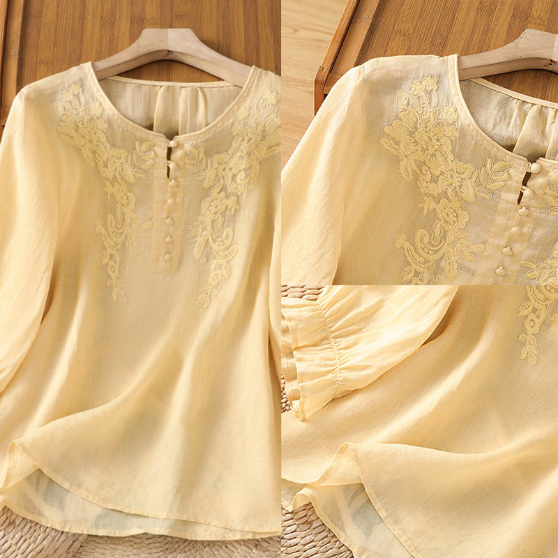 Flower Vines Embroidery Button Crew Neck Three Quarter Sleeve Women's Cotton Shirt