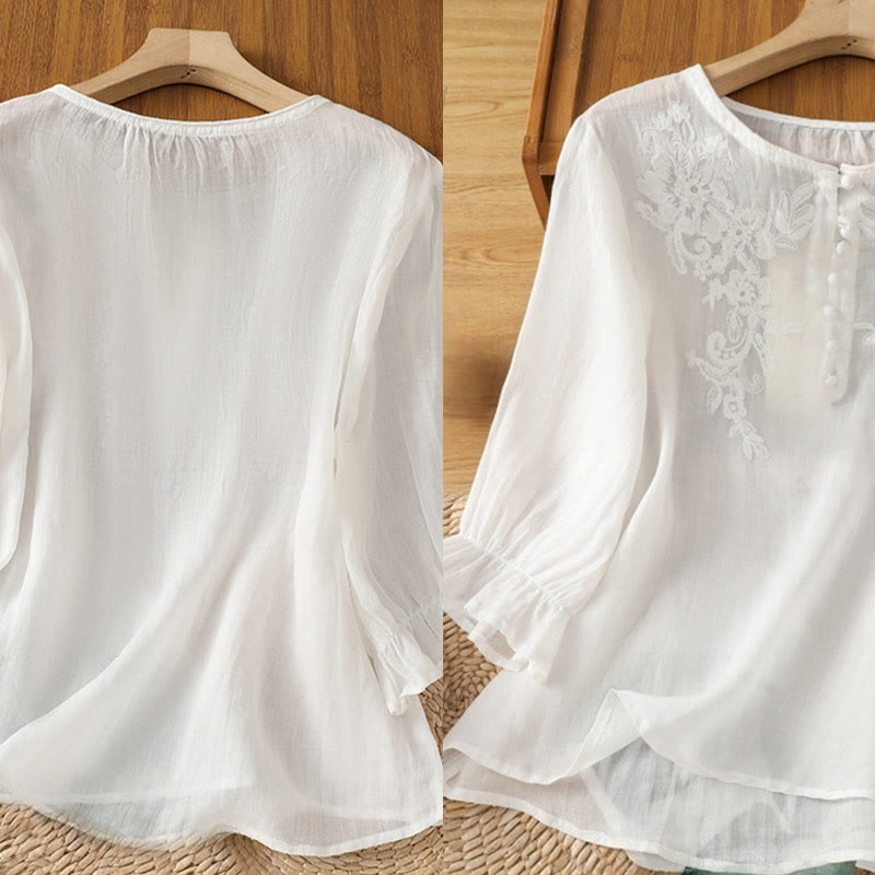 Flower Vines Embroidery Button Crew Neck Three Quarter Sleeve Women's Cotton Shirt