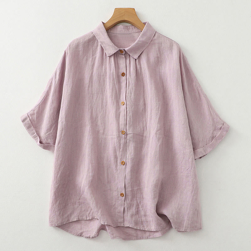 Casual Plain Buttons Women's Cotton Linen Half Sleeve Shirt
