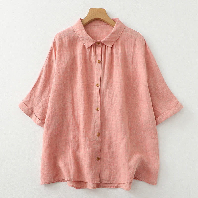 Casual Plain Buttons Women's Cotton Linen Half Sleeve Shirt