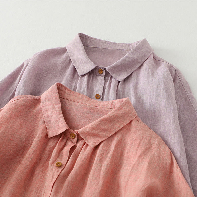 Casual Plain Buttons Women's Cotton Linen Half Sleeve Shirt