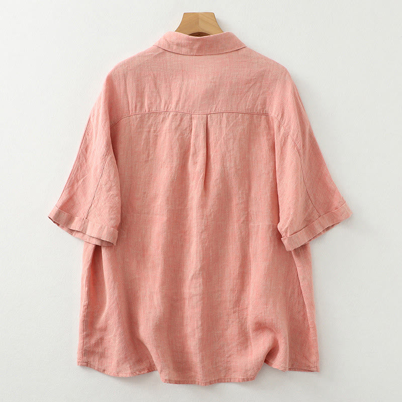 Casual Plain Buttons Women's Cotton Linen Half Sleeve Shirt