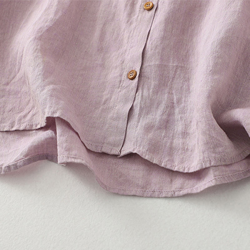 Casual Plain Buttons Women's Cotton Linen Half Sleeve Shirt