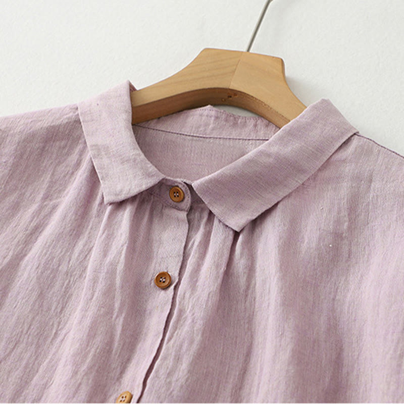 Casual Plain Buttons Women's Cotton Linen Half Sleeve Shirt