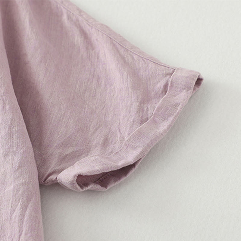 Casual Plain Buttons Women's Cotton Linen Half Sleeve Shirt