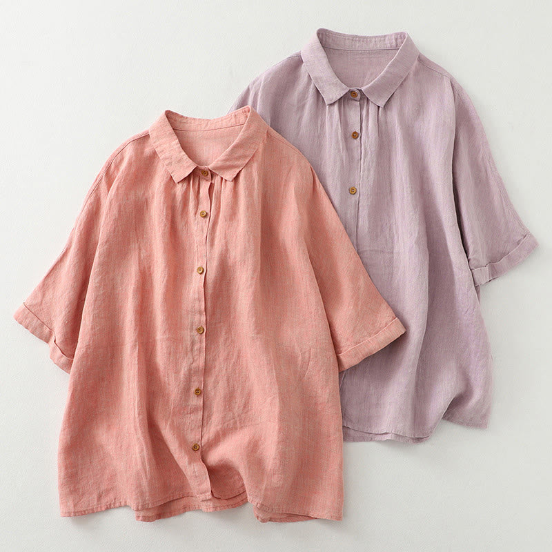 Casual Plain Buttons Women's Cotton Linen Half Sleeve Shirt