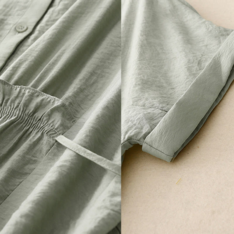 Summer Button Lace-up Short Sleeve Women's Cotton Shirt