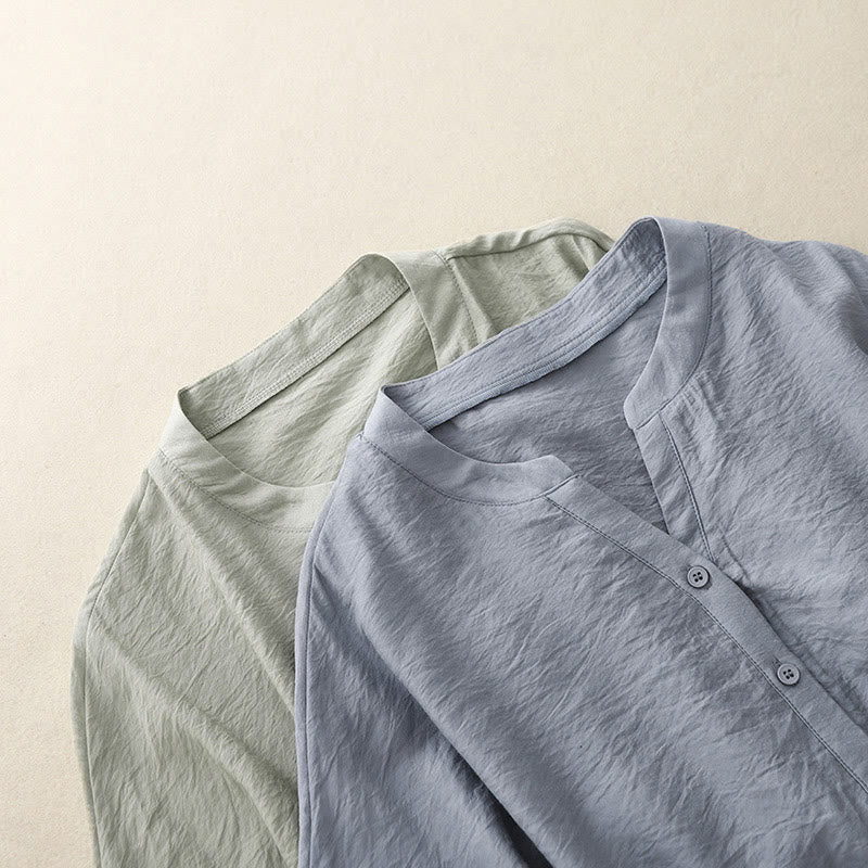 Summer Button Lace-up Short Sleeve Women's Cotton Shirt