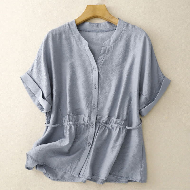 Summer Button Lace-up Short Sleeve Women's Cotton Shirt