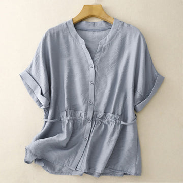 Summer Button Lace-up Short Sleeve Women's Cotton Shirt