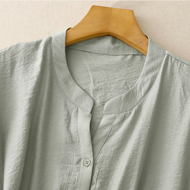Summer Button Lace-up Short Sleeve Women's Cotton Shirt