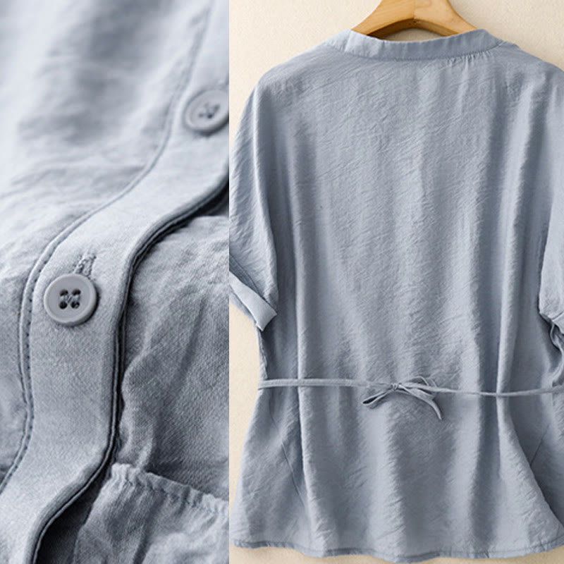 Summer Button Lace-up Short Sleeve Women's Cotton Shirt