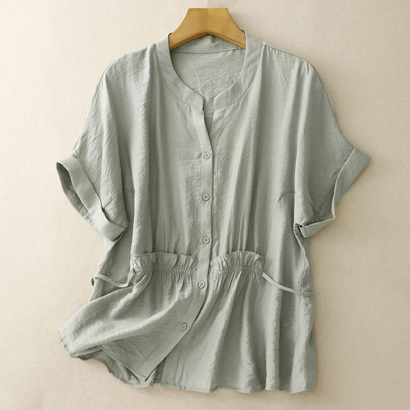 Summer Button Lace-up Short Sleeve Women's Cotton Shirt