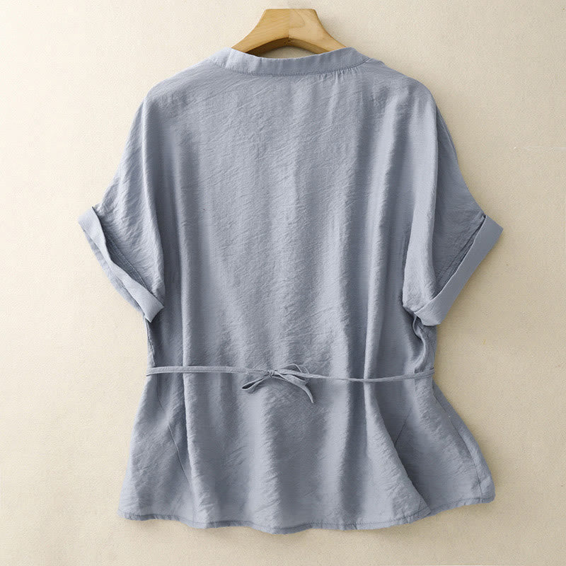 Summer Button Lace-up Short Sleeve Women's Cotton Shirt