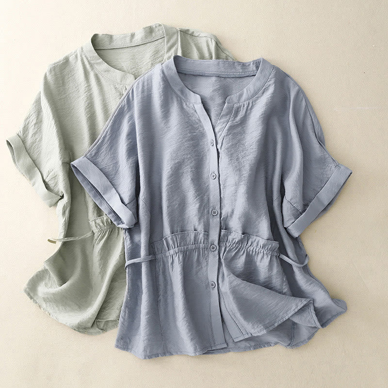 Summer Button Lace-up Short Sleeve Women's Cotton Shirt