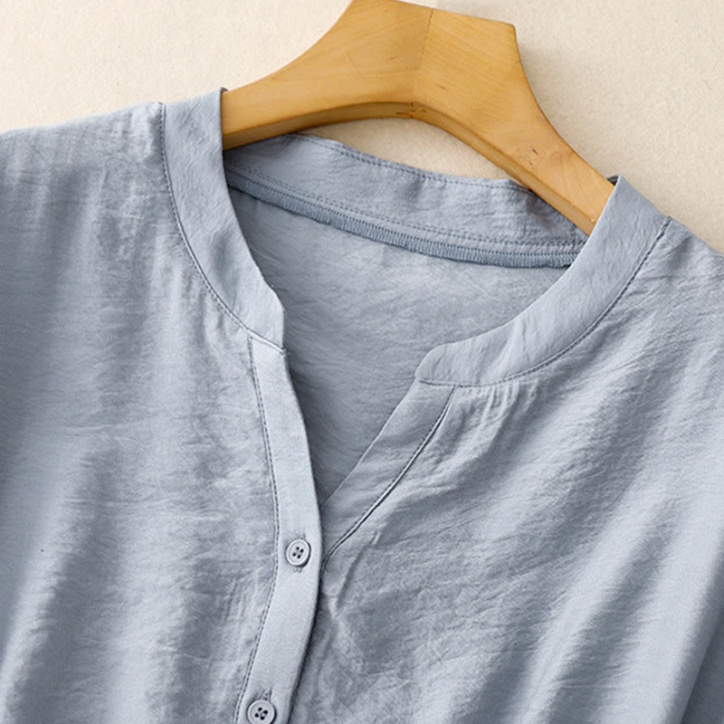 Summer Button Lace-up Short Sleeve Women's Cotton Shirt