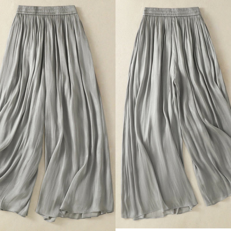 Light Gray Pleated Design Elastic Waist Women's Wide Leg Pants With Pockets