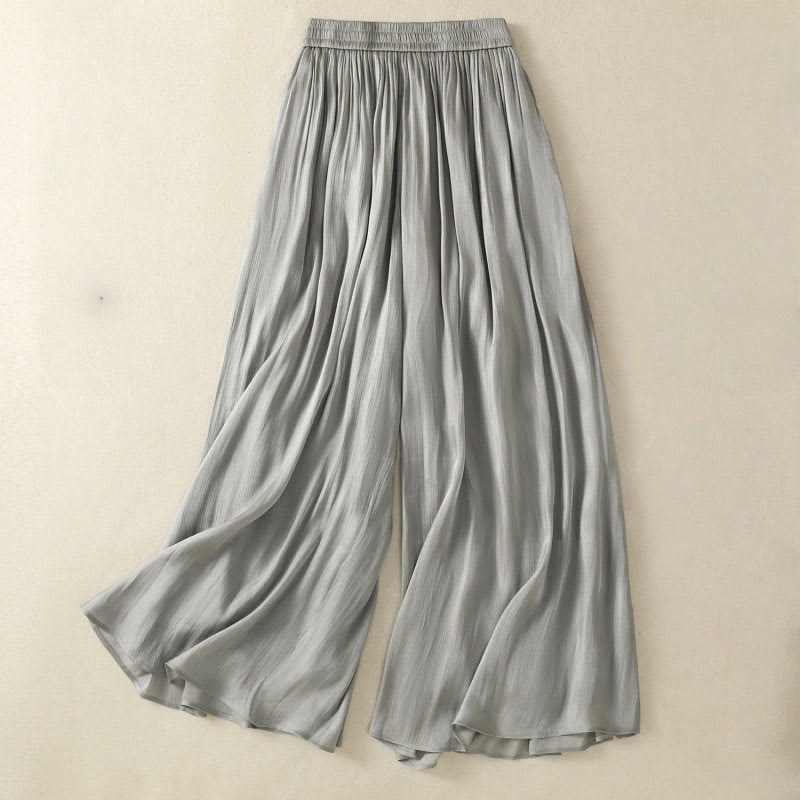 Light Gray Pleated Design Elastic Waist Women's Wide Leg Pants With Pockets